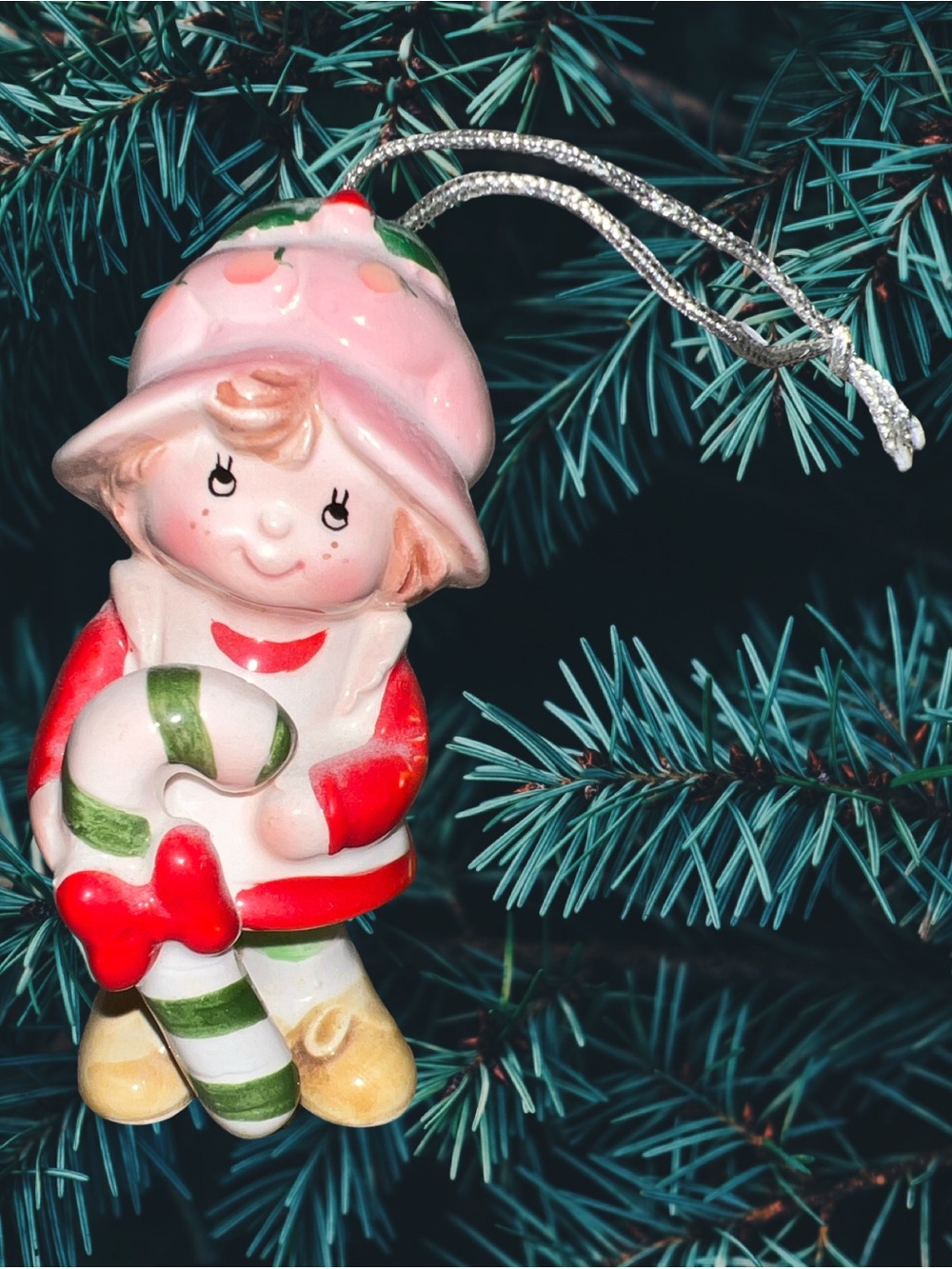 VINTAGE STRAWBERRY SHORTCAKE CERAMIC CHRISTMAS ORNAMENT 1980 JAPAN CANDY CANE